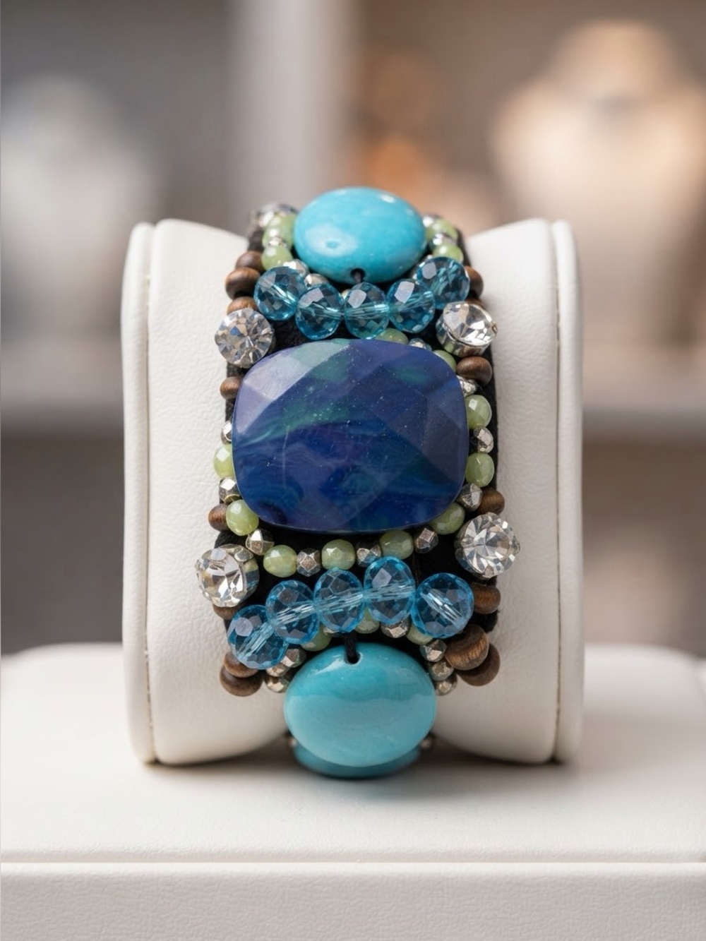 Handmade Turquoise Blue Beaded Cuff Bracelet | Toggle Clasp Boho Bracelet